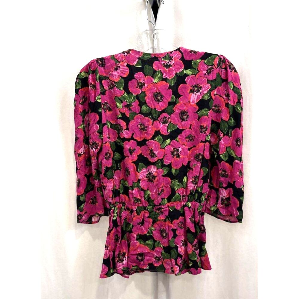 Zara Floral Smocked Elastic Waist Puff Sleeve Blouse Peplum Top Pink Black NWT
